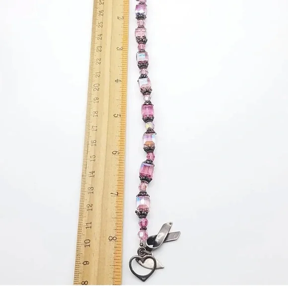 925 Breast Cancer 25 grams Awareness Pink Glass Beads Toggle Bracelet Vintage - Picture 5 of 6